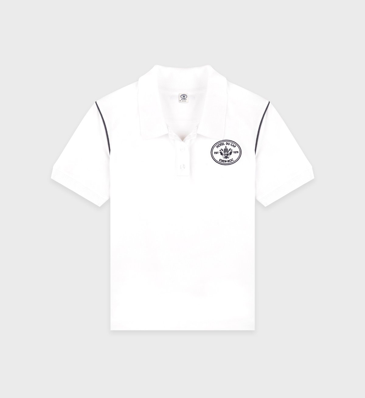 Sporty & Rich Eden Crest Embroidered Pique Polo in White/Navy