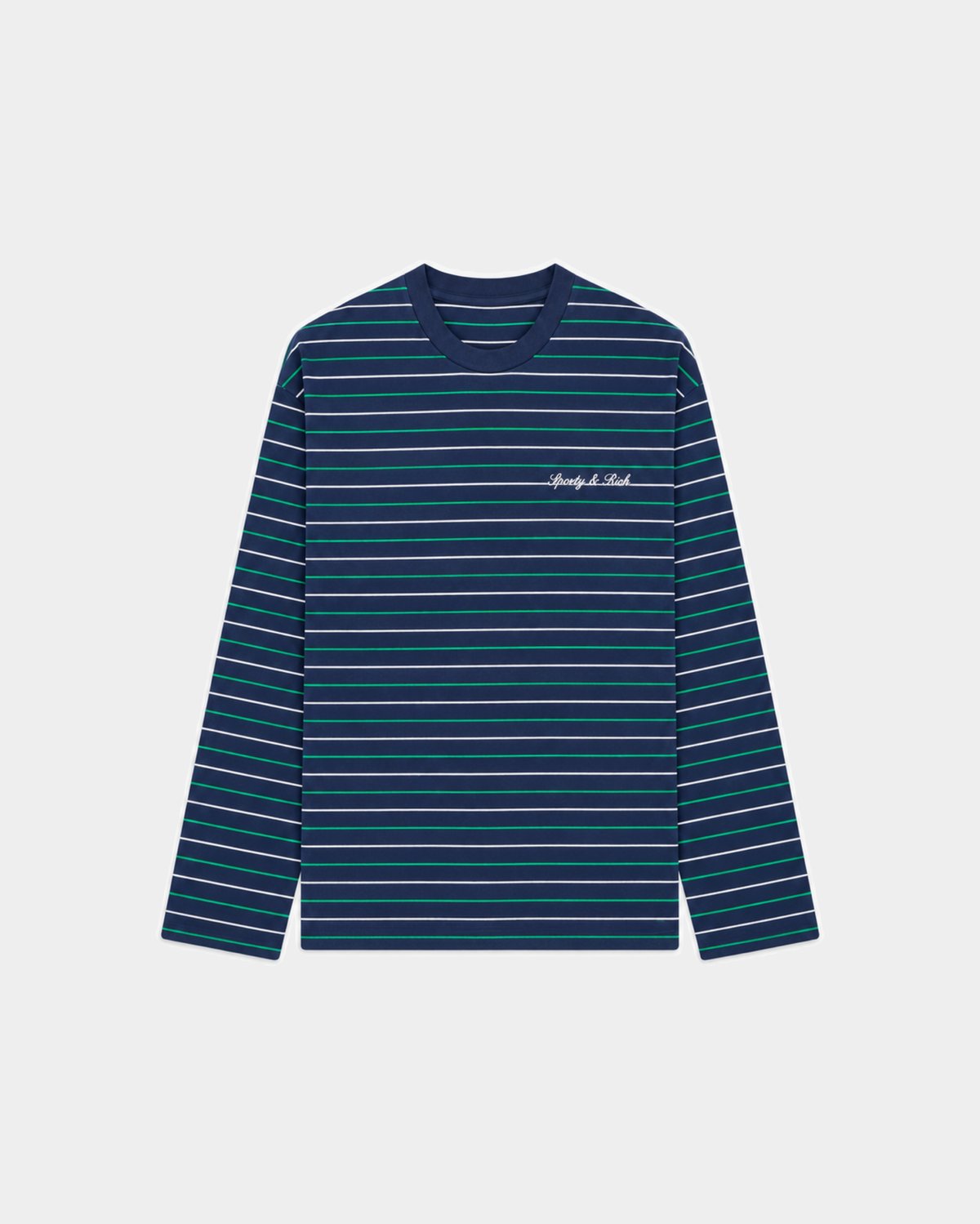 Sporty & Rich Fale Signature Logo Easy Longsleeve in Dark Navy/ Kelly /Off White