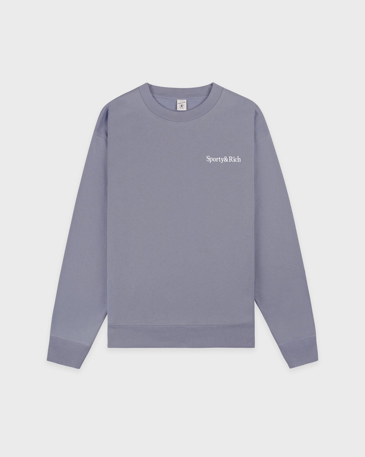 Sporty & Rich Serif Logo Embroidered Crewneck in Faded Indigo/White