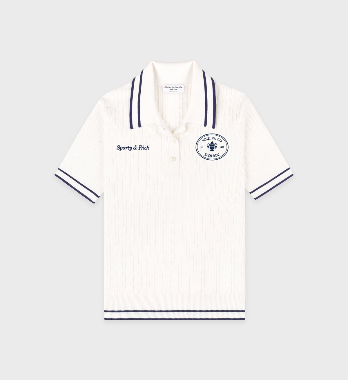 Sporty & Rich Eden Crest Mini Cable Polo in White/Navy