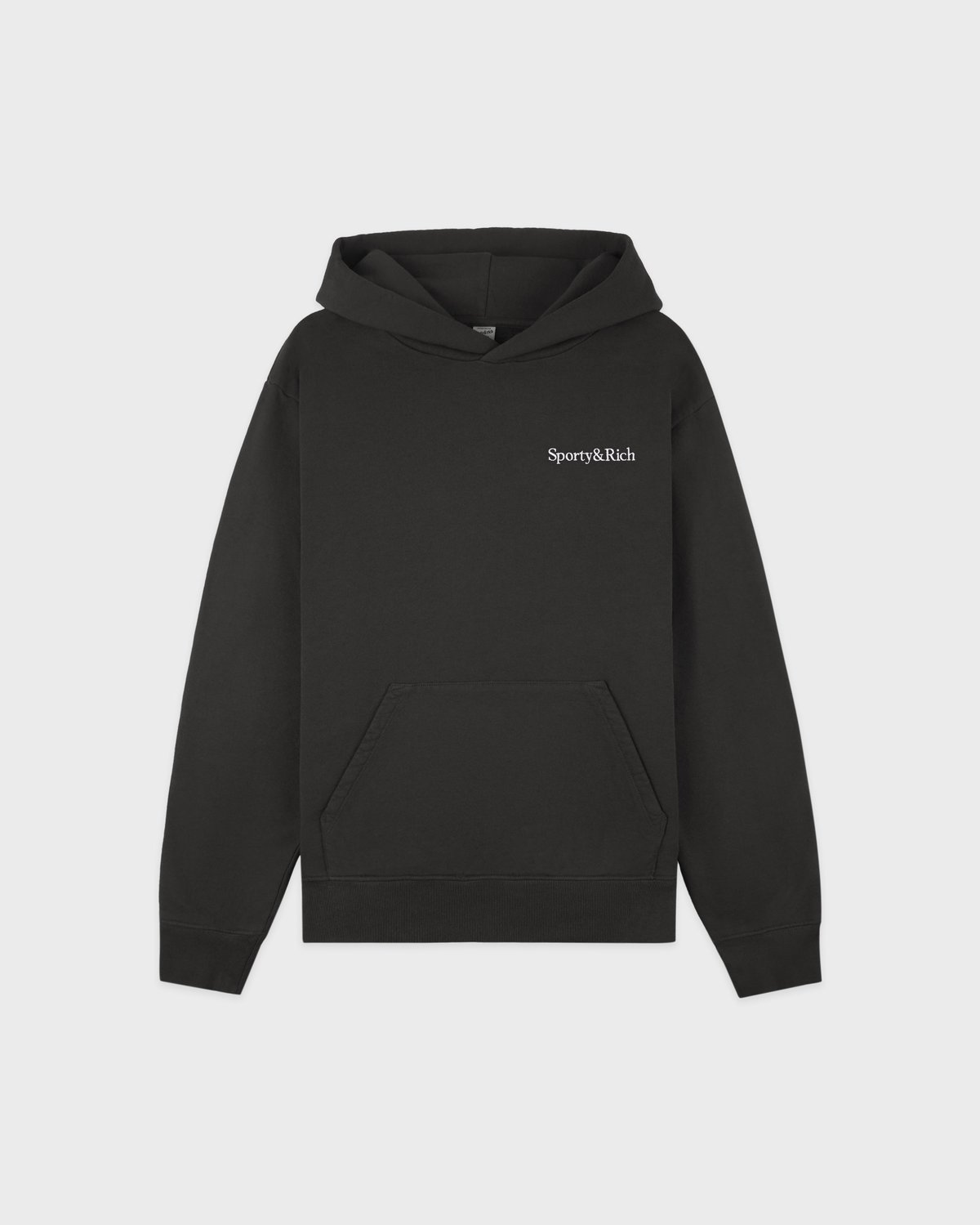 Sporty & Rich Serif Logo Embroidered Hoodie in Faded Black/White