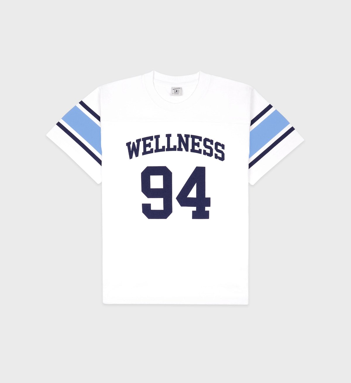 Sporty & Rich Wellness 94 Rugby Tee in White/Flax blue/Navy
