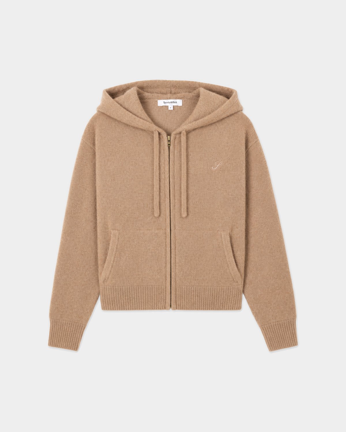 Sporty & Rich Isac S Logo Cashmere Zip Hoodie in Camel