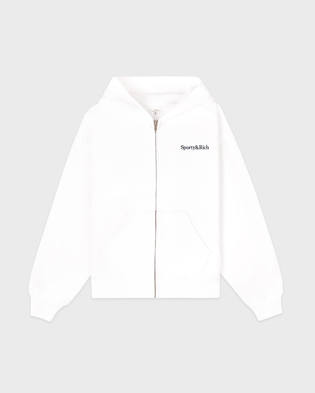 Sporty & Rich Serif Logo Embroidered Zip Hoodie in White/Navy