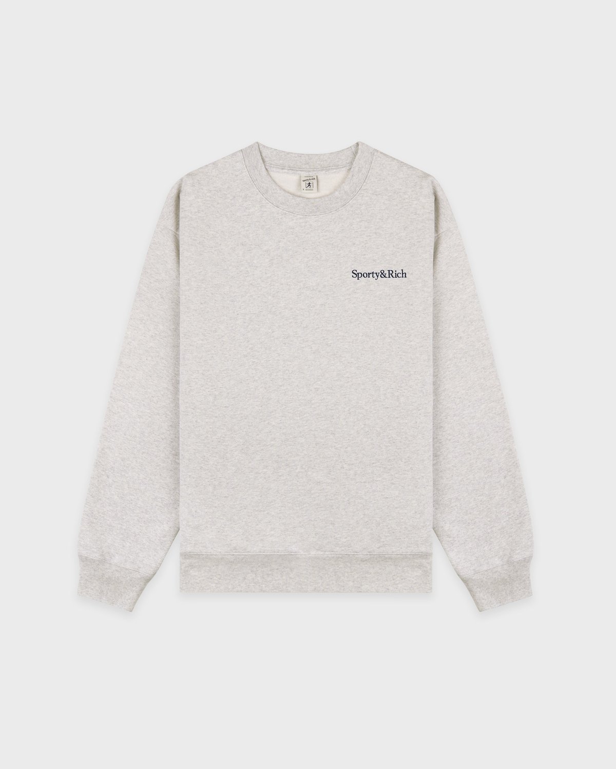 Sporty & Rich Serif Logo Embroidered Crewneck in Heather Gray/Navy