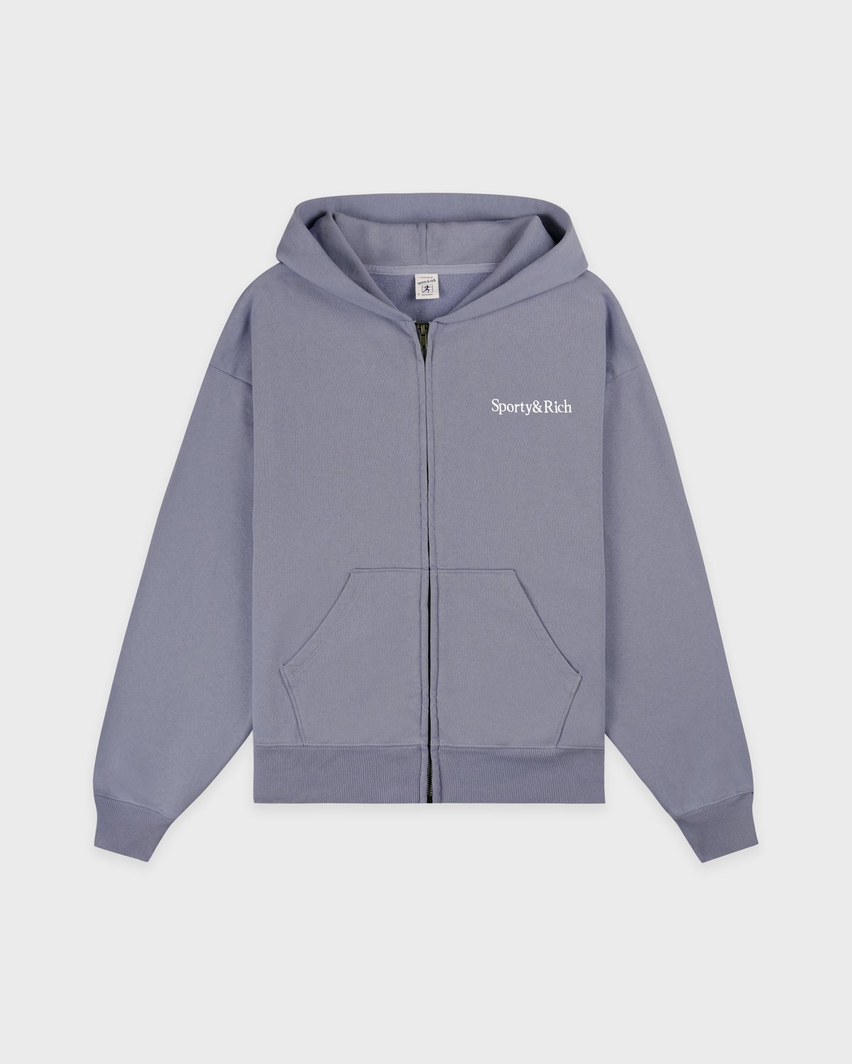 Sporty & Rich Serif Logo Embroidered Zip Hoodie in Faded Indigo/White