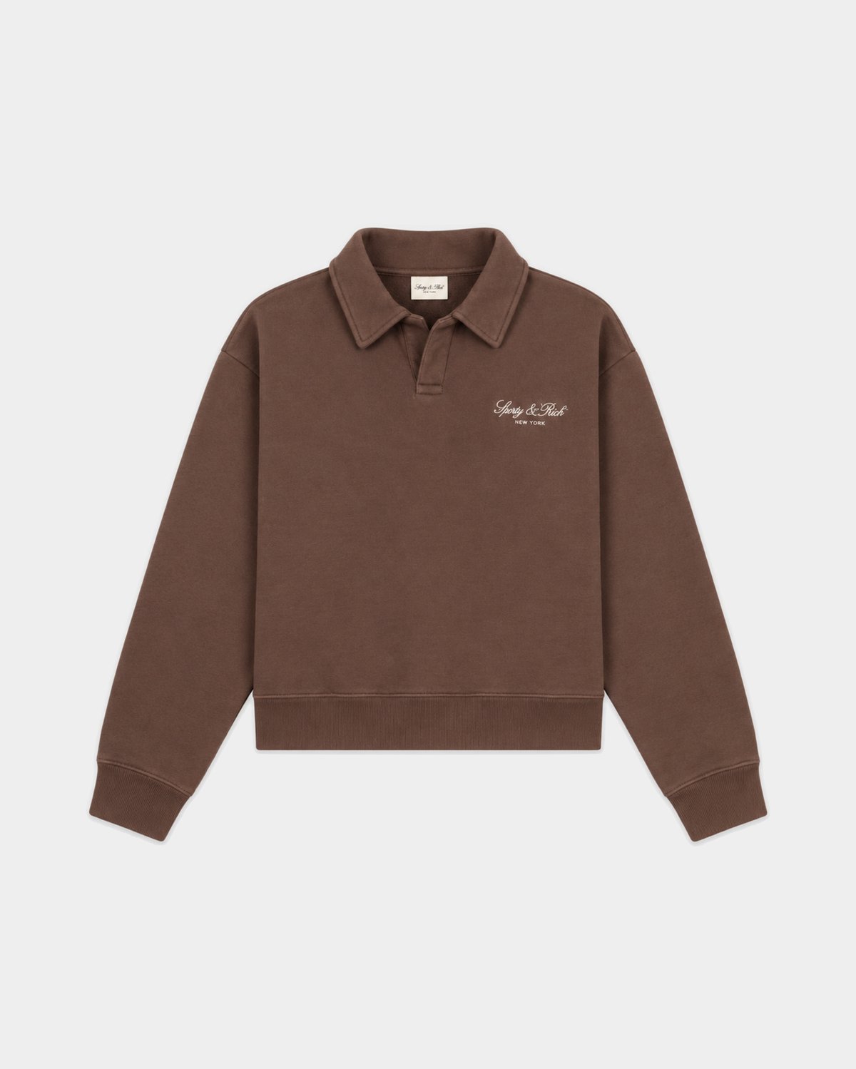 Sporty & Rich Elfa Vendome Script Embroidered Open Polo in Chocolate
