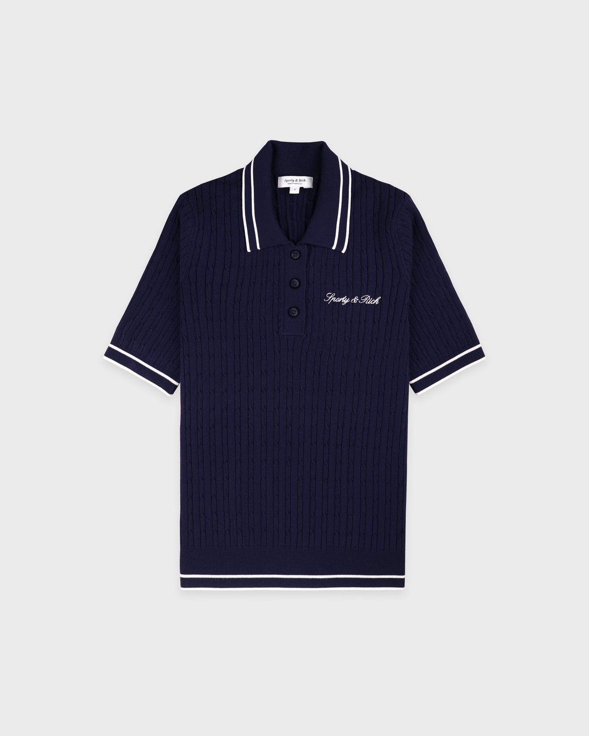 Sporty & Rich Signature Logo Mini Cable Polo in Navy/White