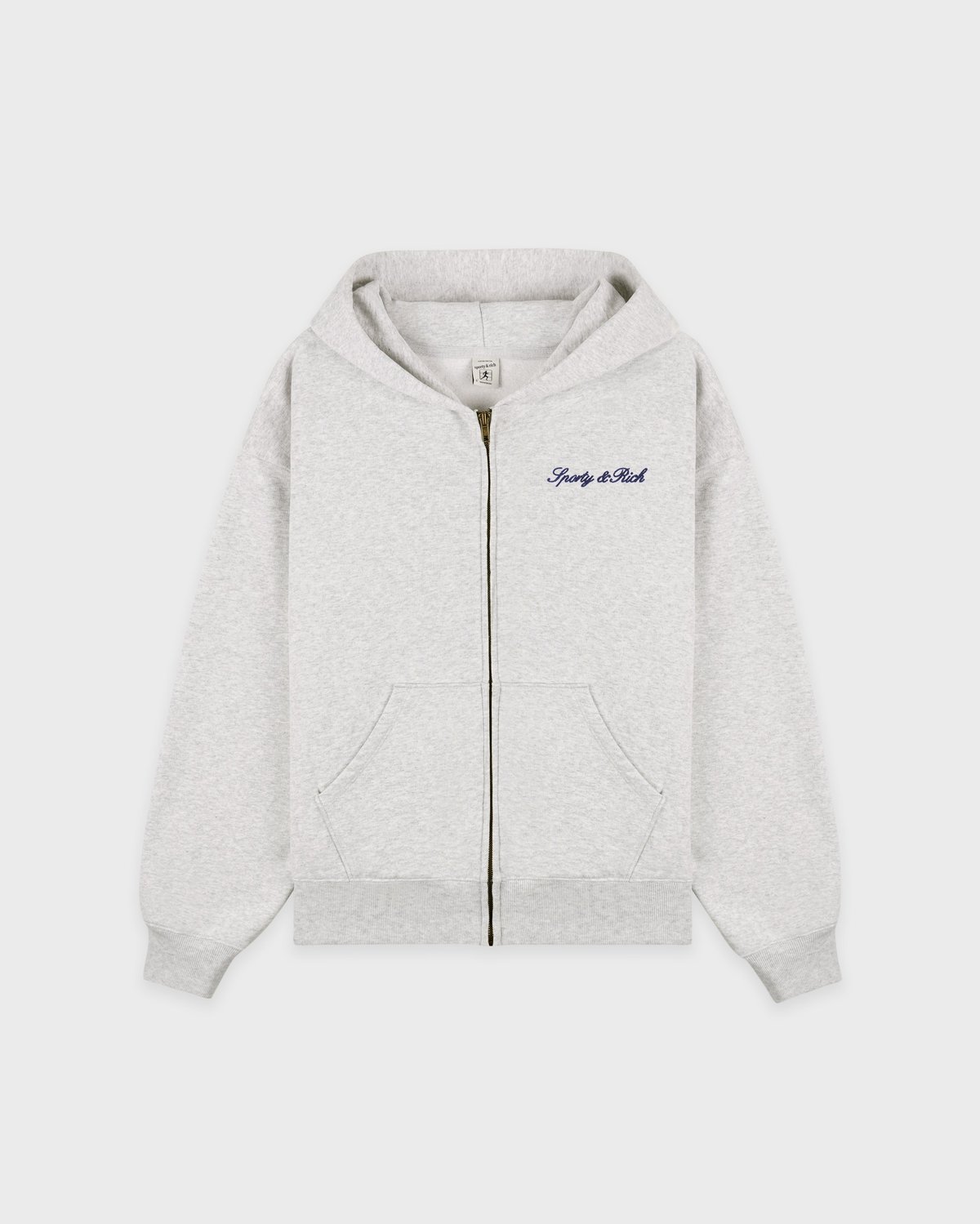 Sporty & Rich Signature Logo Embroidered Zip Hoodie in Heather Gray/Light Navy