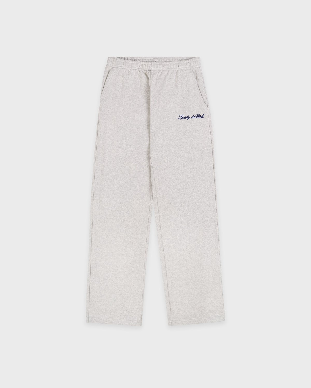 Sporty & Rich Signature Logo Embroidered Wide Sweatpant in Heather Gray/Light Navy