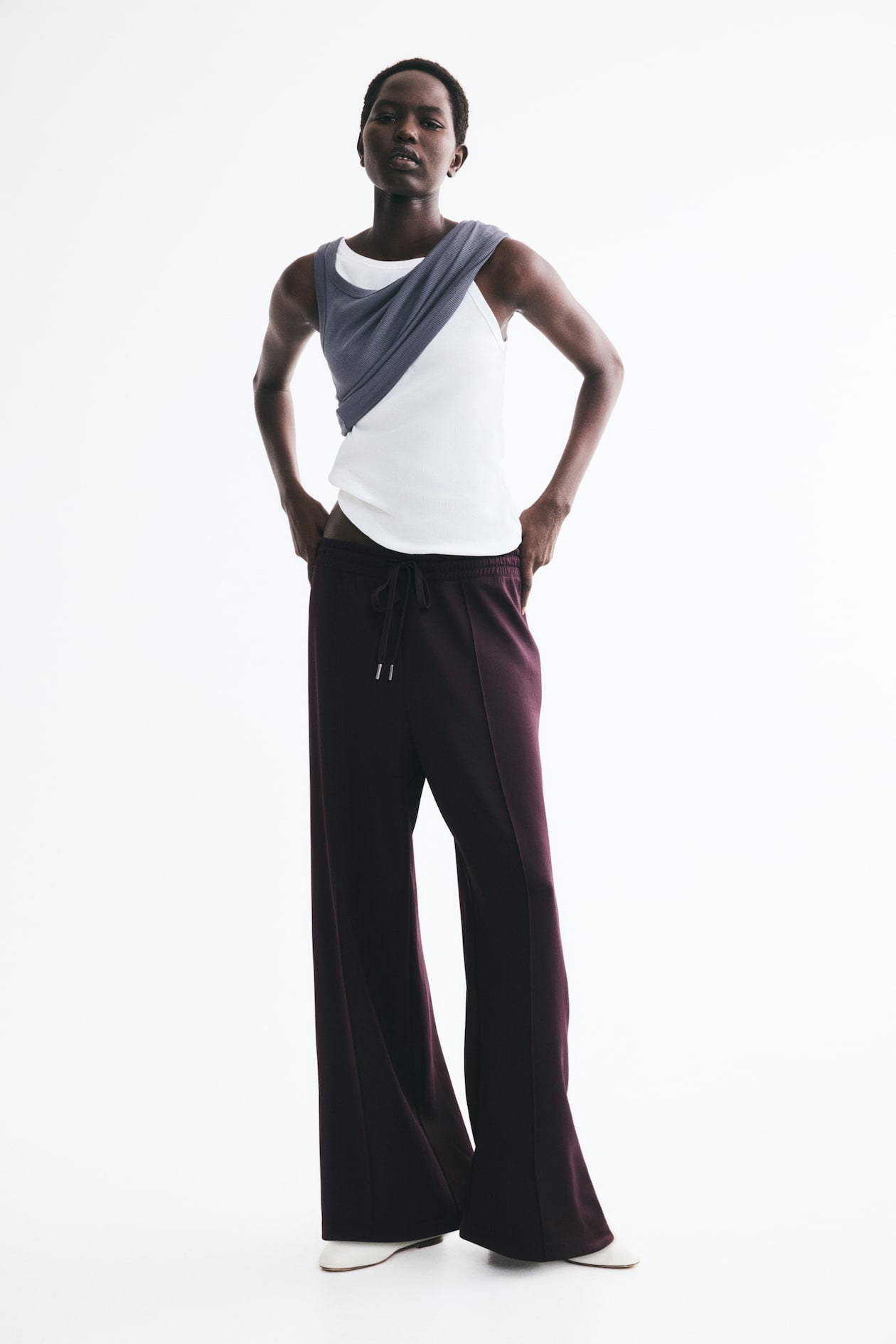 H&M fine-ribbed drawstring trousers in dark purple