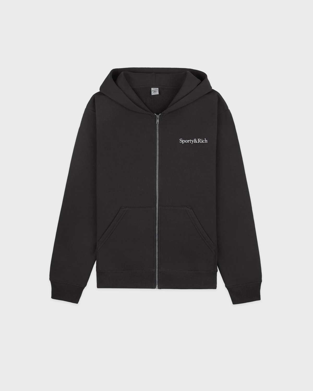 Sporty & Rich Serif Logo Embroidered Zip Hoodie in Faded Black/White