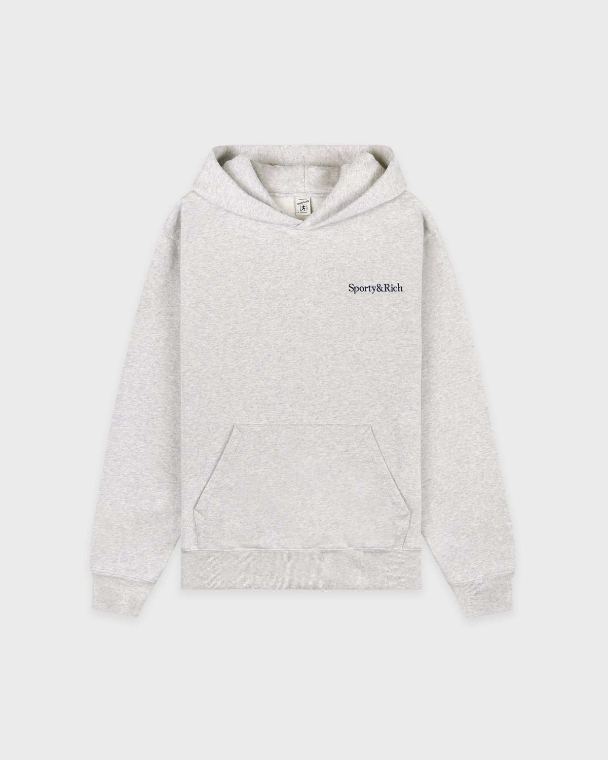 Sporty & Rich Serif Logo Embroidered Hoodie in Heather Gray/Navy