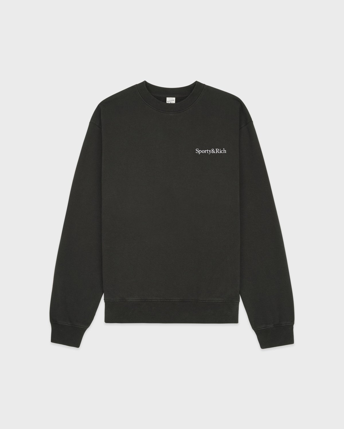 Sporty & Rich Serif Logo Embroidered Crewneck in Faded Black/White