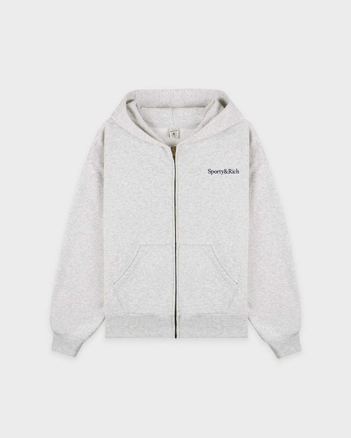 Sporty & Rich Serif Logo Embroidered Zip Hoodie in Heather Gray/Navy
