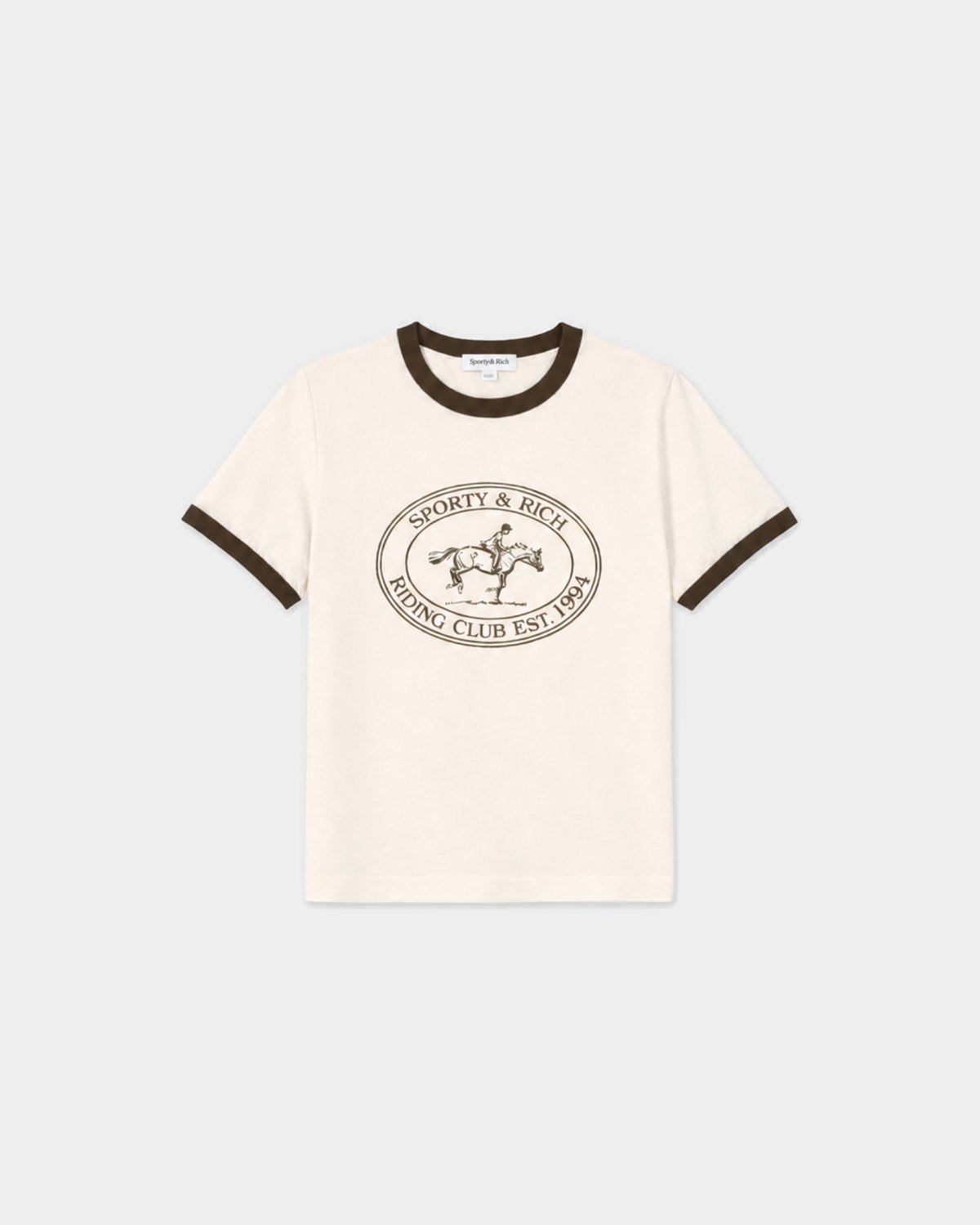 Sporty & Rich Fatou Riding Club Ringer Tee in Cream/Chocolate