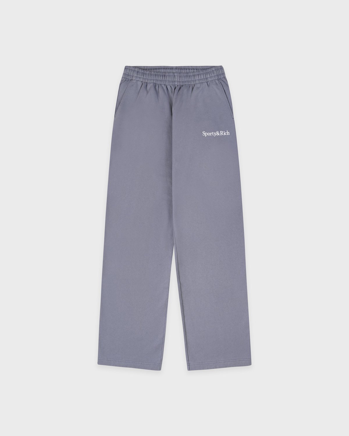 Sporty & Rich Serif Logo Embroidered Wide Sweatpant in Faded Indigo/White
