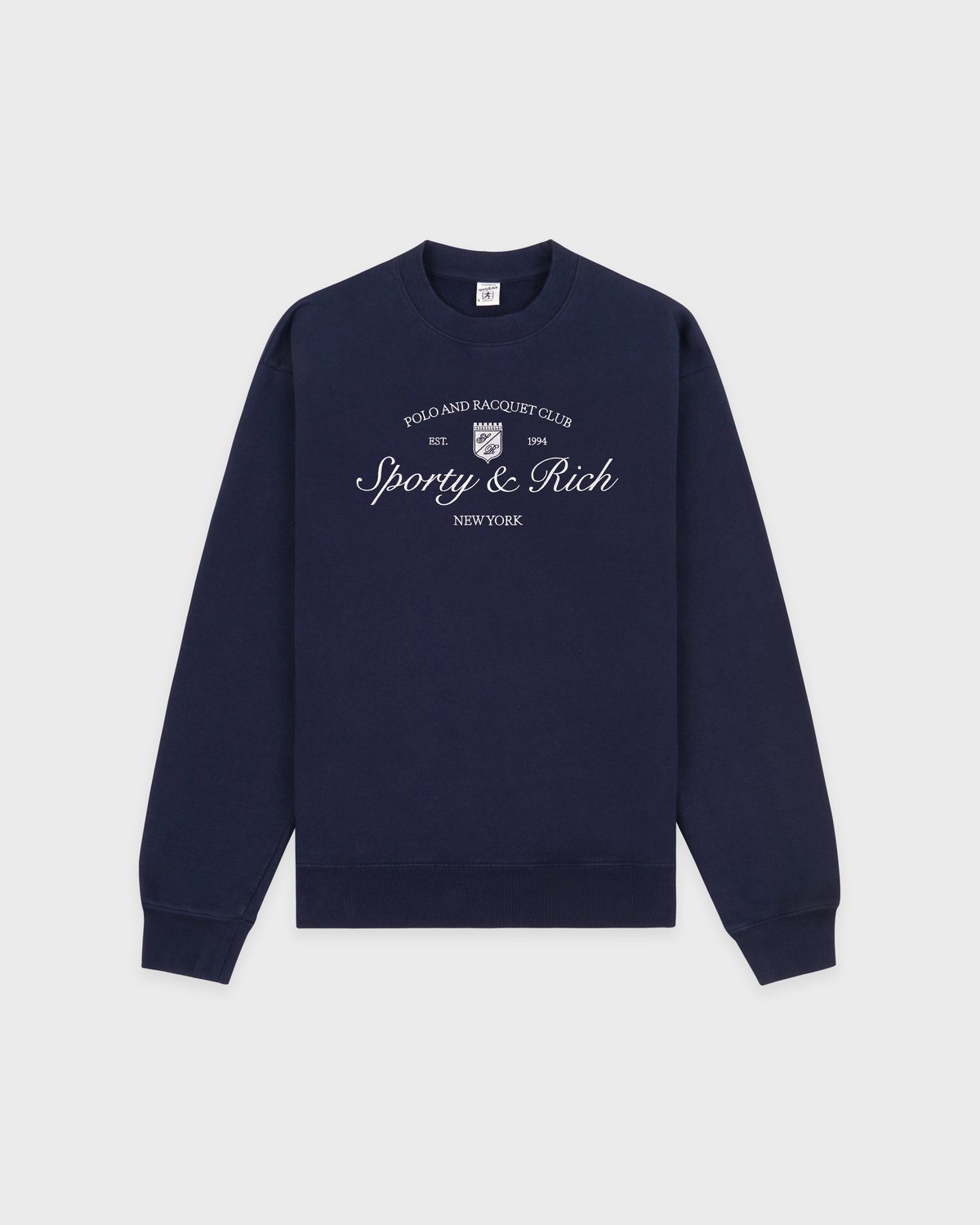 Sporty & Rich Syracuse Embroidered Crewneck in Navy/White